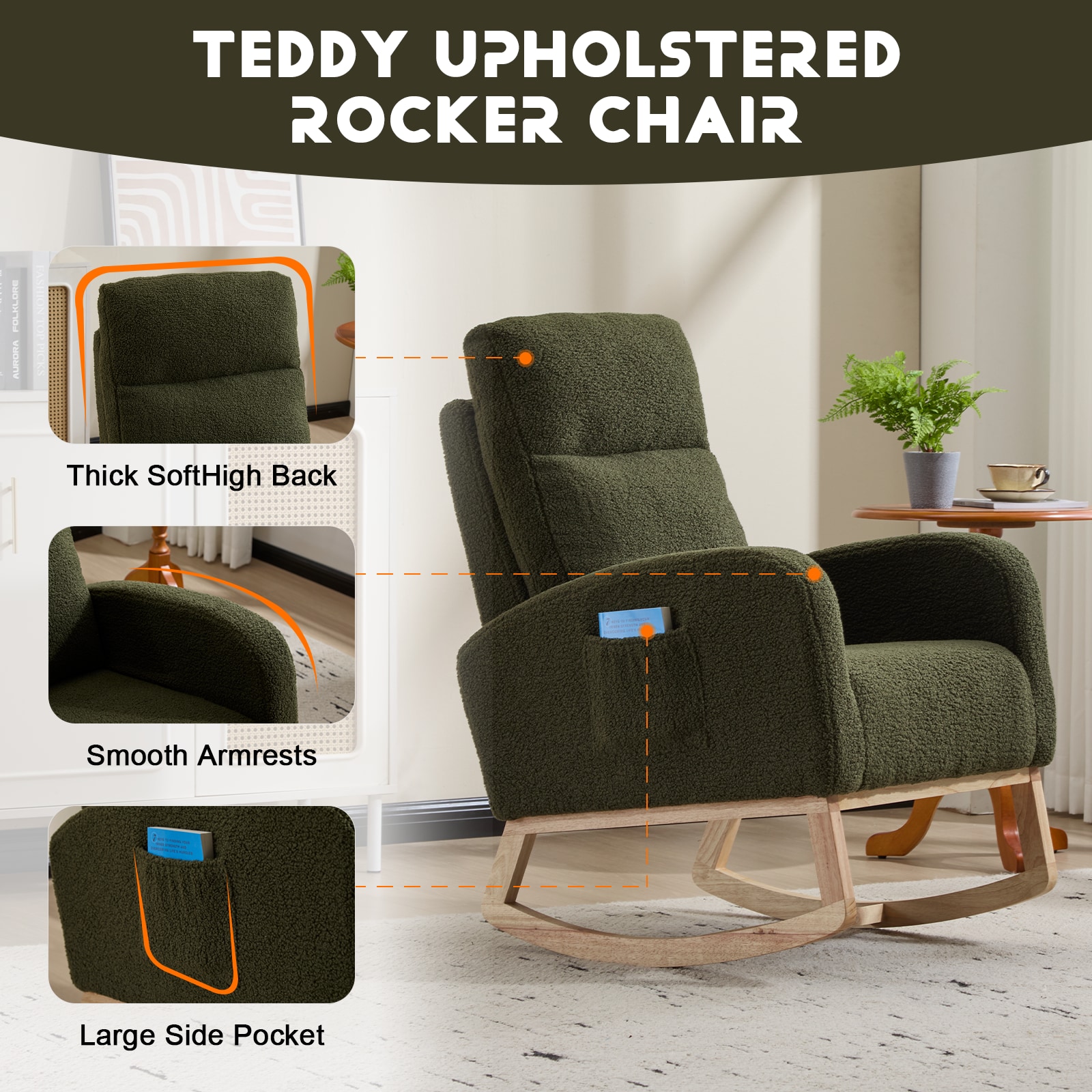 Modern Accent Rocking Chair Rocking Chair With Solid Wood Legs, Upholstered Nursery Glider Rocker, Comfy Armchair With Side Pocket, Living Room Lounge Arm Chair With High Backrest (Dark Green,teddy)_voghion.com